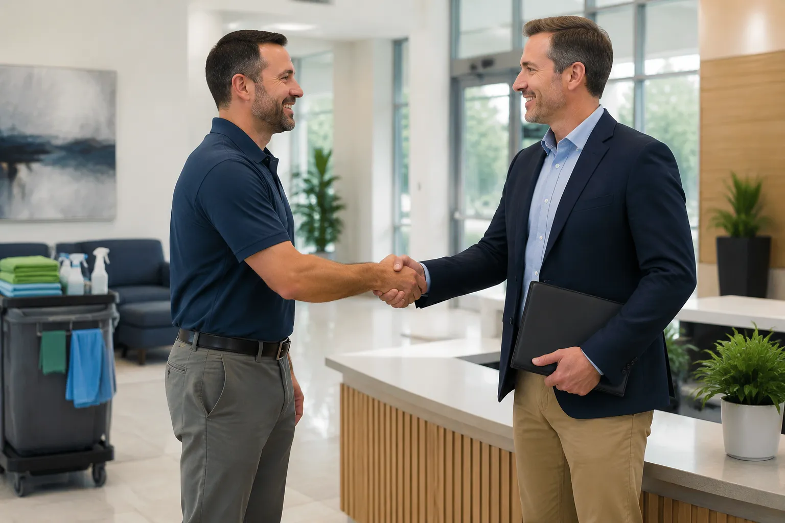 lead provider and cleaning business owner talking together